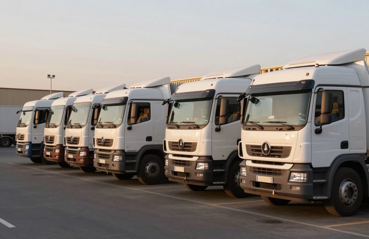 A line of Dirdony heavy trucks at the yard